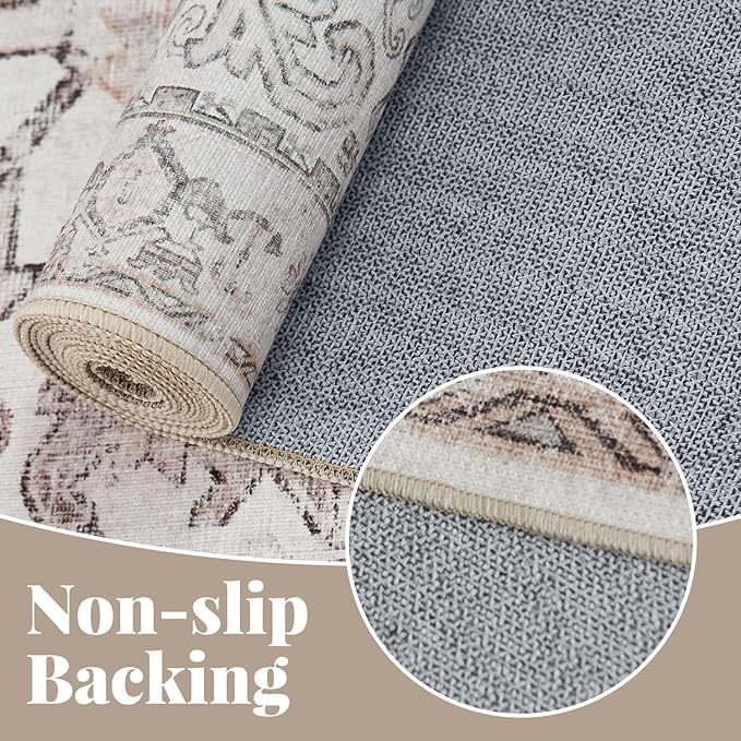 jinchan Round Rug 8ft Vintage Machine Washable Area Rug Kitchen Indoor Circle 8' Ultra-Thin Non-Slip Floral Print Carpet for Farmhouse Entryway Dining Room Living Room Bedroom Office (8'Round,Taupe)