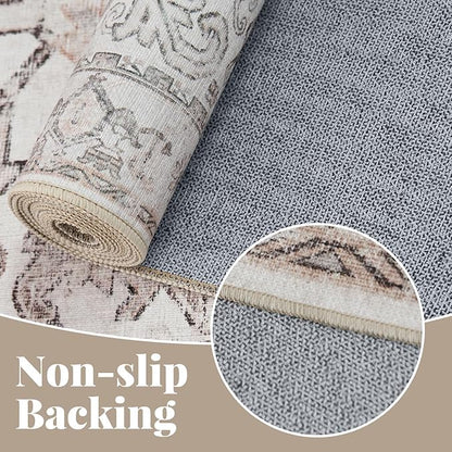 jinchan 6x9 Machine Washable Area Rugs for Living Room - Vintage Floral Stain Resistant Low Pile Ultra-Thin Non Slip Accent Rug for Bedroom Kitchen Dining Room Home Office (6x9ft,Taupe)