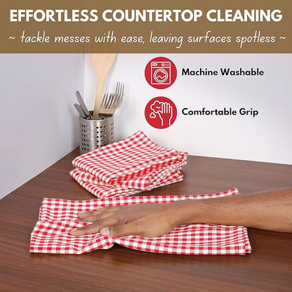 Native Fab 6 Pack Kitchen Towel with Hanging Loop 16x26 inches, Cotton Gingham Check Dish Towels for Cleaning & Drying Dishes, Absorbent Cloth Rags, Bar Towel, Dish Cloth Set, Red White