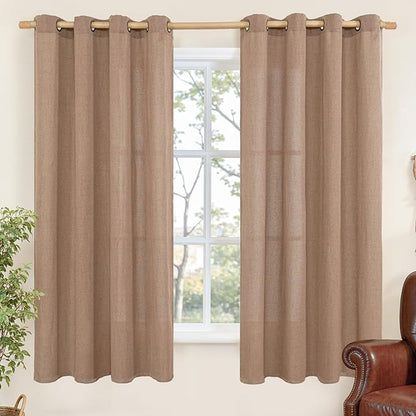 YoungsTex Linen Curtains 68 Inches Length for Living Room, Mocha Light Filtering Semi Sheer Drapes with Bronze Grommet for Bedroom Office Dining Room, 2 Panels, 52 X 68 Inch