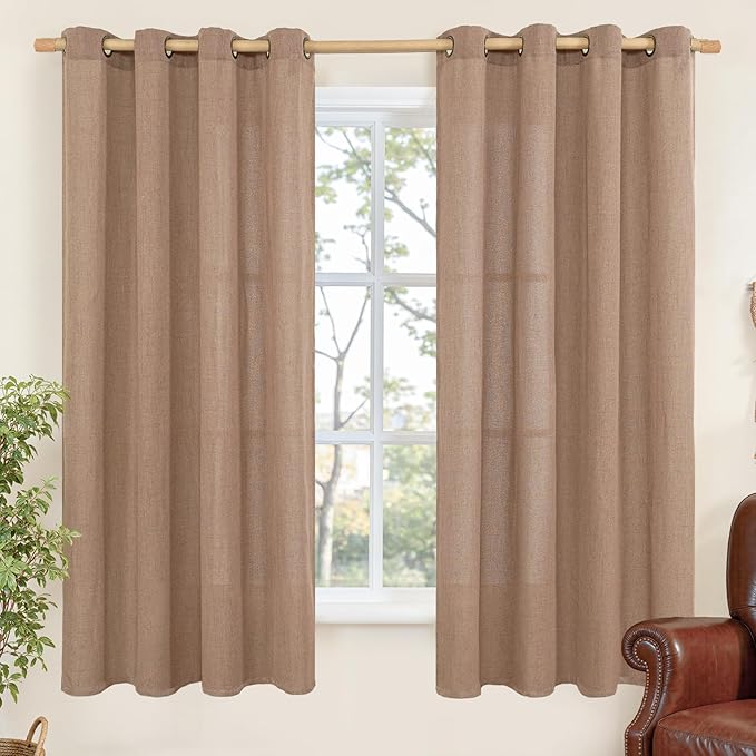 YoungsTex Linen Curtains 63 Inch Length for Living Room, Mocha Semi Sheer Drapes Light Filtering with Bronze Grommet for Bedroom Farmhouse Country, 2 Panels, 52 X 63 Inch