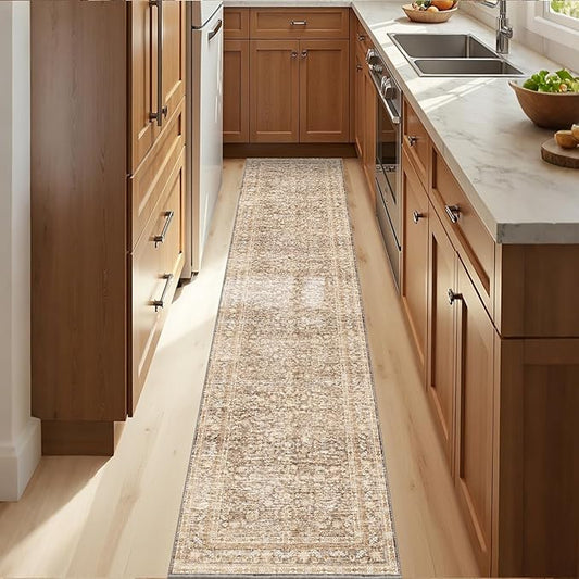 OPPODREAM Thin Vintage Beige 2x10 Runner Rug, 2 x 10 Retro Washable Rug Non Slip, Low-Pile Faux Wool Carpet, Distressed Tan Floor Mat for Kitchen, Hallway, Entry-Way, Entrance, Indoor Back Door