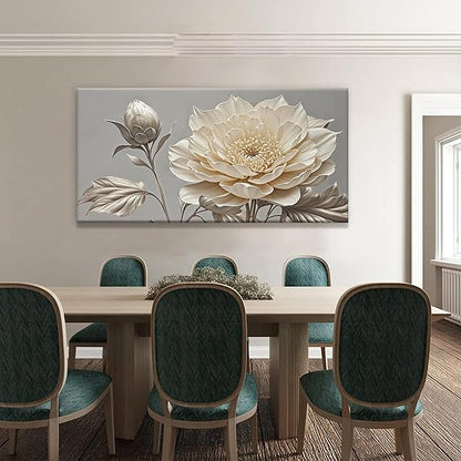 QSQ White Wall Art For Living Room Silver White Flower Wall Art Print Modern Canvas Art Wall Decor Home Decor Suitable Pictures For Bedroom Apartment Office Can Be Hung 24" X 48"
