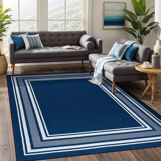 Beverly Rug Non Slip Area Rugs 5x7 Modern Bordered Non Skid Rubber Backing Soft Area Rug for Living Dining Room Easy to Clean Non Shedding Kitchen Bedroom Indoor Carpet 5 x 7 Navy