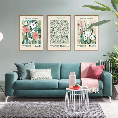 HLNIUC Flower Market Wall Art Prints, Boho Floral Wall Decor, Large Matisse Sage Green 16"x24" Framed Art Set of 3, Abstract Colorful Botanical Painting for Living Room, Bedroom, Office
