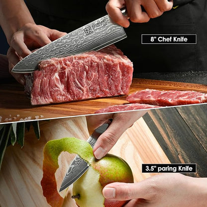KEEMAKE Damascus Kitchen Knife Set 2 PCS, Ultra Sharp 67 Layer Damascus Steel Chef Knife and Paring Knife, Knives Set for Kitchen with G10 Non-slip Handle for Meat Vegetable Fruit