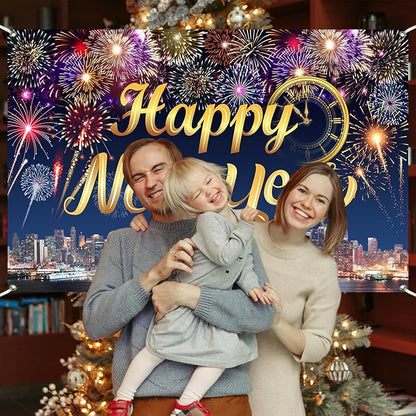Gold Happy New Year Banner 2026 Colorful Fireworks Happy New Year Decorations Backdrop with Clock City Scene for 2026 Backdrop Family Gathering Party Supplies 5.9×3.6 Ft (Polyester)