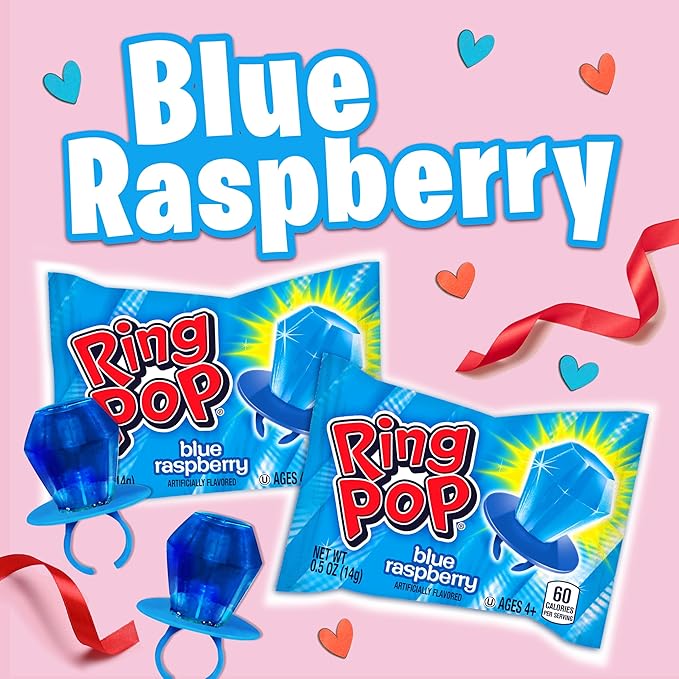 Ring Pop Blue Candy, 70 Ct Individually Wrapped Bulk Lollipop Pack, Blue Raspberry Flavored Lollipop Suckers for Kids, Fun Candy Bulk for Valentine's Gifts, Goodie Bags, Party Favors