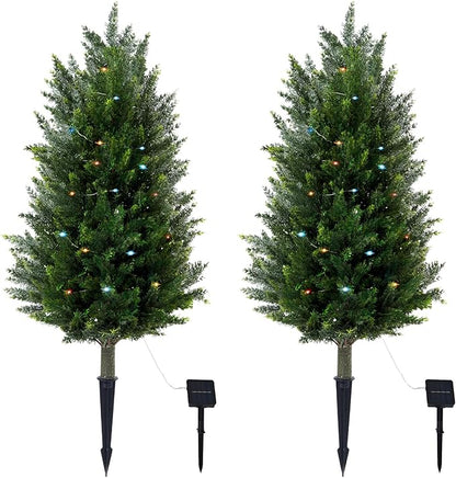 Set of 2 Artificial Cedar Topiary Christmas Trees, 3FT UV-Resistant Faux Cypress Shrubs with Ground Spikes — Tall Evergreen Decorative Plants for Outdoor and Indoor Porch, Patio, and Garden
