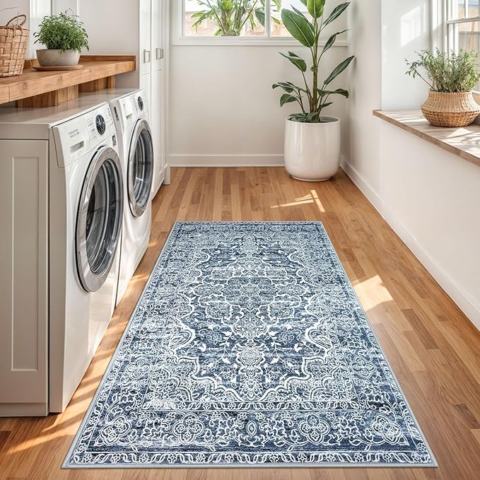 KUTA 3x5 Entryway Rug Non-Slip Washable Area Rugs, Vintage Floral Kitchen Rugs Blue White, Ultra Soft Printed Medallion Tribal Entry Low-Pile Carpet for Entrance Bedroom Nursery Dorm Décor