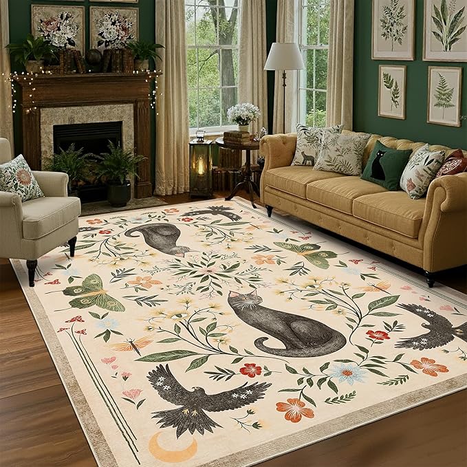 GarveeHome 5x7 Cat Area Rug Beige Washable Rugs for Living Room Bedroom, Soft Mushroom Floral Low Pile Non Slip Floor Mat Animal Print Throw Rug Indoor Carpet for Dorm Playroom Gothic Decor