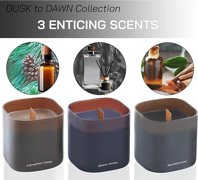 Set of 3 Premium Scented Soy Candles Gift Set | Dusk to Dawn Collection - Canadian Cedar, Black Amber & Sandalwood | Crackling Wood Wick | Luxury Candles for Relaxation, Home Décor, Gifts | 9.8oz Each