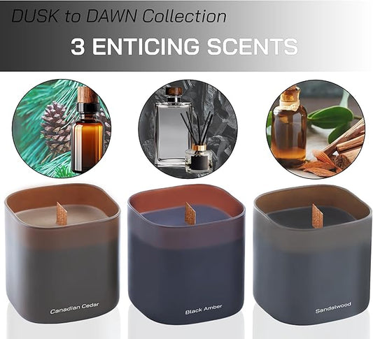 Set of 3 Premium Scented Soy Candles Gift Set | Dusk to Dawn Collection - Canadian Cedar, Black Amber & Sandalwood | Crackling Wood Wick | Luxury Candles for Relaxation, Home Décor, Gifts | 9.8oz Each