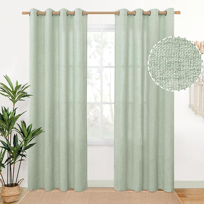 YoungsTex Sage Green Linen Curtains 80 Inches Long for Living Room, Bronze Grommet Textured Semi Sheer Drapes Privacy Light Filtering Window Treatments for Bedroom Dining, 52 x 80 Inch, 2 Panels