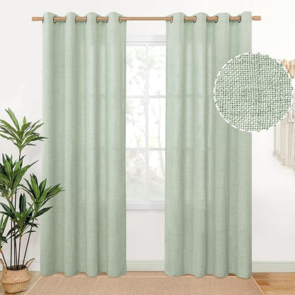 YoungsTex Sage Green Linen Curtains 80 Inches Long for Living Room, Bronze Grommet Textured Semi Sheer Drapes Privacy Light Filtering Window Treatments for Bedroom Dining, 52 x 80 Inch, 2 Panels