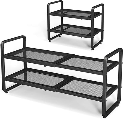Shoe Rack - Expandable Shoe Organizer for Closet, Adjustable Metal Shoe Shelf Storage, 2 Tier Stackable Long Shoe Stand Holder for Garage, Entryway, Door Entrance, Black