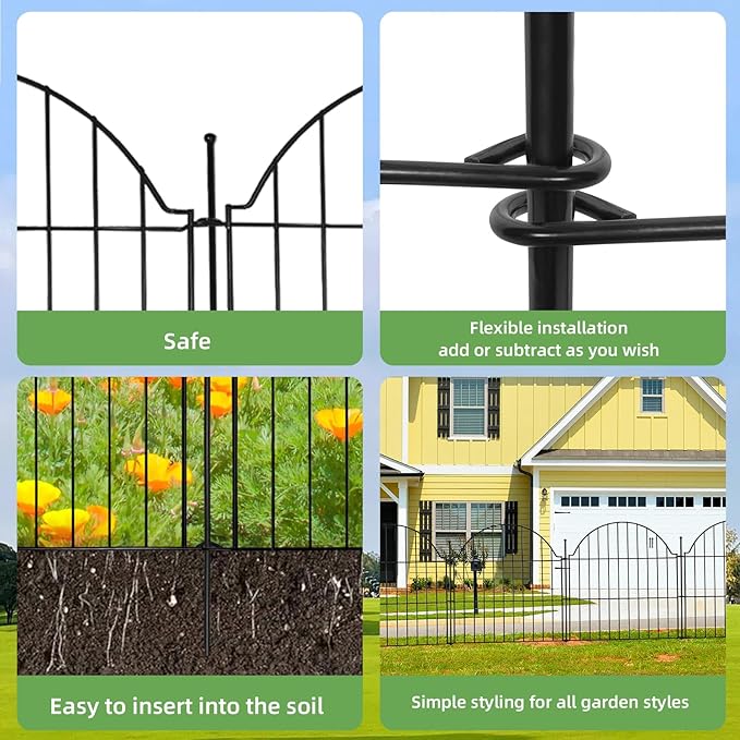 Decorative Metal Garden Fence 10 Panels, 24in (H) x 20ft (L) No Dig Dog Fence Outdoor for Yard, Temporary Rustproof Metal Wire Rabbit Dog Garden Border Fencing for Patio