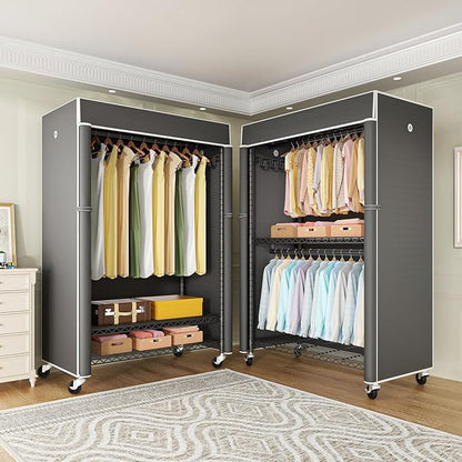 Black Clothing Rack with Dark Gray Cover, P1C Plus Rolling Closet with Wheels, Metal Garment Rack for Hanging Clothes, Clothing Storage Wardrobe, 46" W x 18.5" D x 80.7" H, Load 524 Pounds