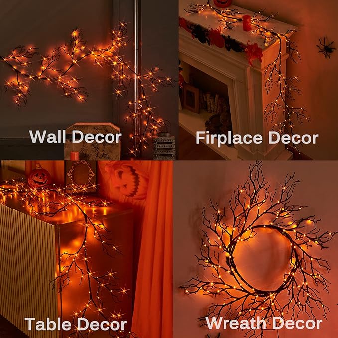 LITBLOOM Halloween Garland Lights 8 Functions 120 Orange and Purple Bi-Color Fairy Lights, Lighted Black Garland Battery Operated for Fall Halloween Decor Inside Outdoor