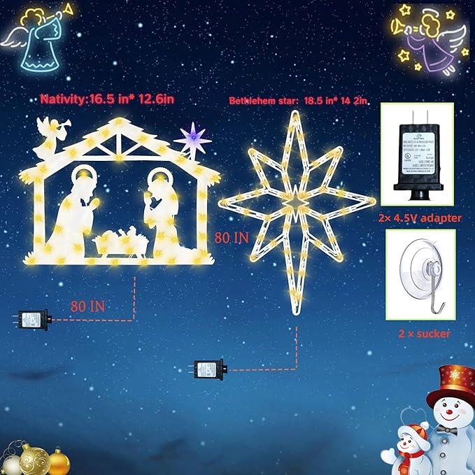 Christmas Decorations - 16" Christmas Window Silhouette Lights - 2 Pack Colour Lighted Bethlehem Star & Nativity for Holiday Indoor and Outdoor Wall Door Window Decorate