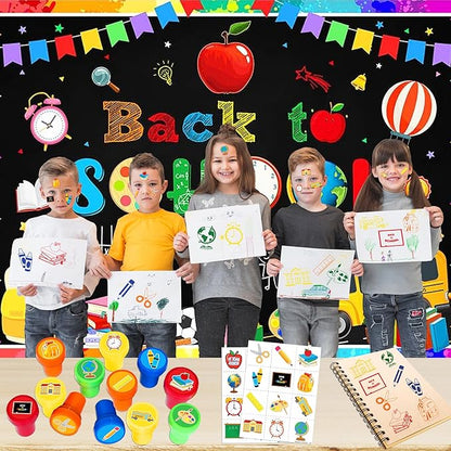 36PCS Back to school Party Favors - 24PCS Pre-Cut Temporary Tattoos & 12PCS Stamps - Ideal Welcome First Day Of School Themed Birthday Card Decorations Supplies Goodie Bag Kids Gifts Classroom Rewards
