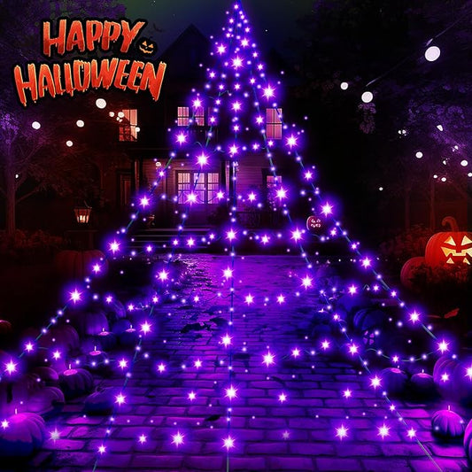 Halloween Decorations Outdoor Giant Spider Web Lights,23ft x 18ft Black Spider Web with 500 LEDs Purple,Waterproof for Halloween Yard Decorations and 8 Modes. (Black Nylon Rope and Purple LED Lights)