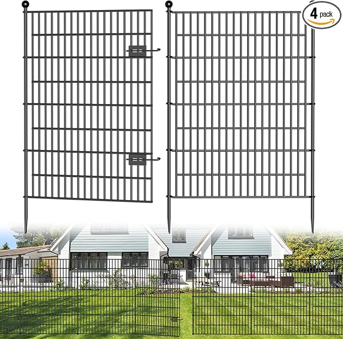 4 Panels No Dig Decorative Outdoor Garden Fence with Gate for Yard, 48 in(H) X 10.5 ft(L) Animal Barrier Fencing Rustproof Metal Wire Panel Border for Dog, Rabbits, and Patio Temporary Ground Stakes