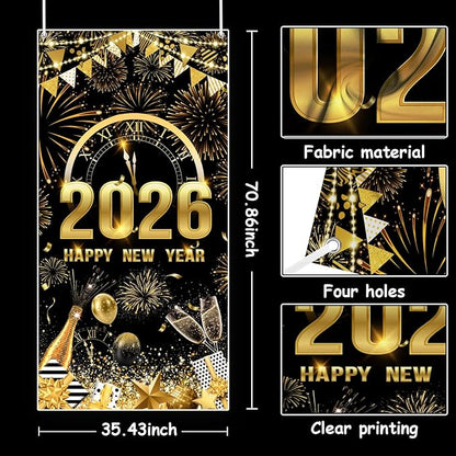 MEHOFOND 2026 Happy New Year Door Cover, Black and Gold New Year Front Door Party Decorations, Cheers to 2026 Hello 2026 Fireworks Champagne Balloon Decor Holiday Party Photo Booth Props