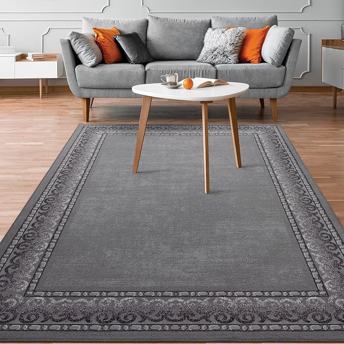 Antep Rugs Alfombras Bordered Modern 3x5 Non-Slip (Non-Skid) Low Pile Rubber Backing Indoor Area Rug (Gray, 3' x 5')