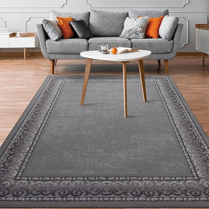 Antep Rugs Alfombras Bordered Modern 4x6 Non-Slip (Non-Skid) Low Pile Rubber Backing Indoor Area Rug (Gray, 4' x 5'8")