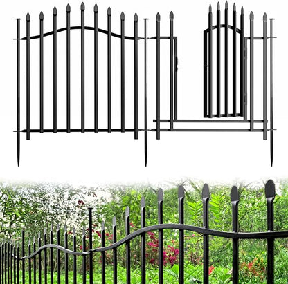 10 Panels No Dig Garden Decorative Fence with Gate - 24in H x 22.5ft L, Heavy-Duty Square Tube Animal Barrier, Rustproof Dog Fence for Outdoor Yard & Patio Protection