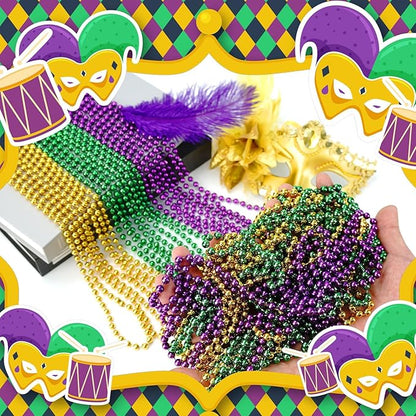 120 PCS Mardi Gras Beads Necklaces, Gold Green Purple Metallic Bead Necklaces 33” Mardi Gras Beads Necklaces Accessories Bulk Party Beads Necklaces for Mardi Gras Party, Throw Beads Party Favors