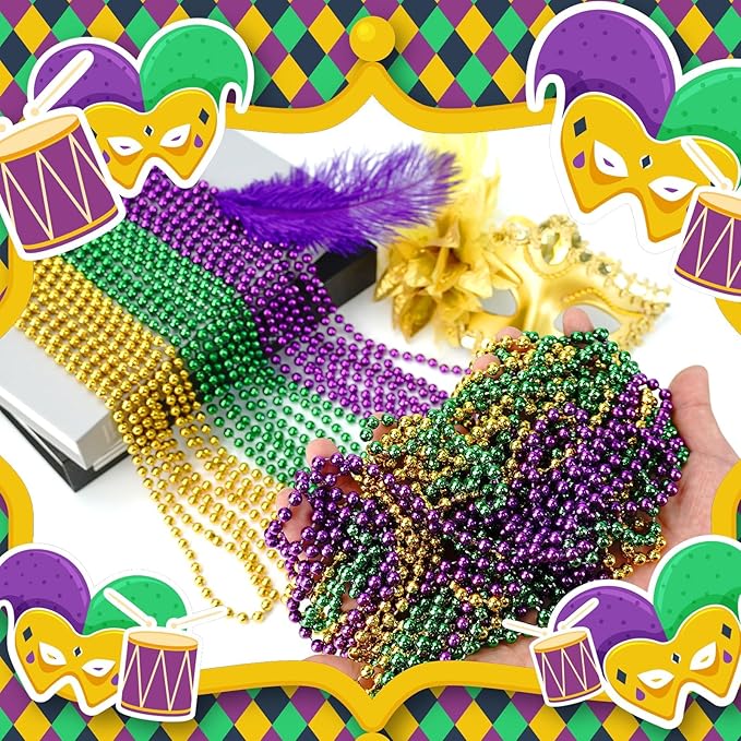 24 PCS Mardi Gras Beads Necklaces, Gold Green Purple Metallic Bead Necklaces 33” Mardi Gras Beads Necklaces Accessories Bulk Party Beads Necklaces for Mardi Gras Party, Throw Beads Party Favors