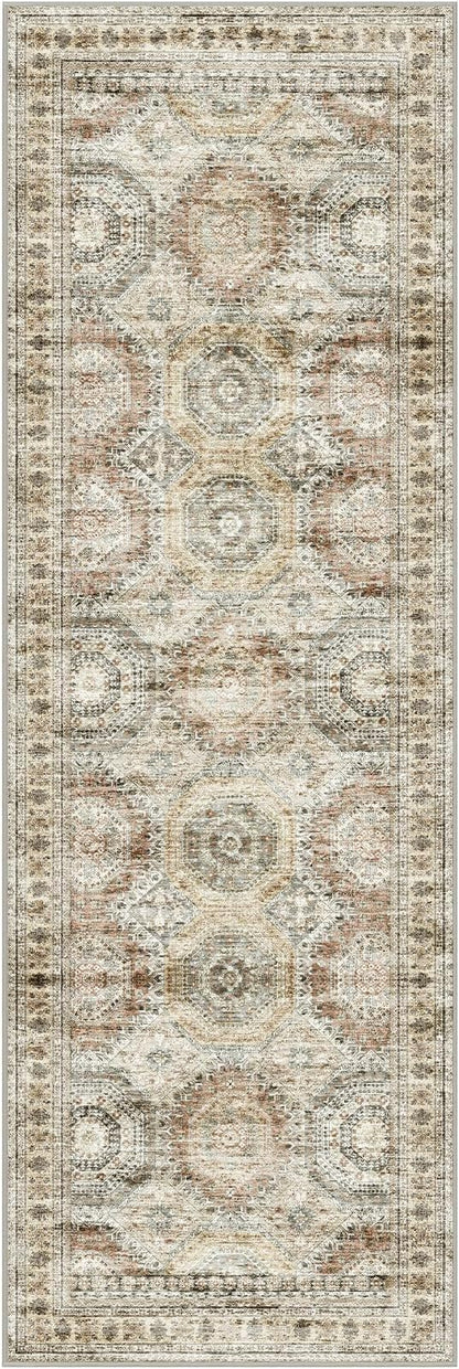Washable Runner Rugs for Bedroom - 2x6 Runner Rug Non Slip, Ultra-Thin Entryway Runner, Soft Abstract Kitchen Runner for Hallway, Laundry, Bathroom, Indoor Door Mat(2'x6', Brown/Pink)