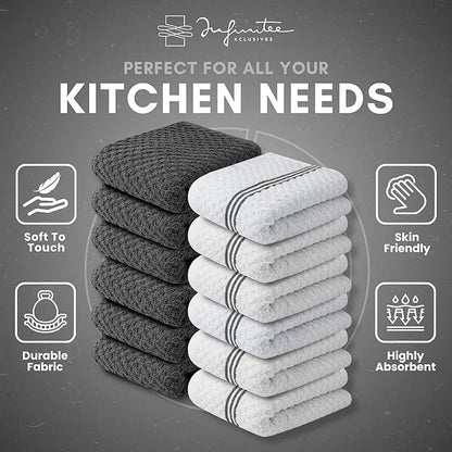 Infinitee Xclusives Premium Kitchen Towels - [Pack of 12] 100% Cotton Kitchen Hand Towels (15 x 25 Inches) - Dish Towels for Kitchen |Grey|