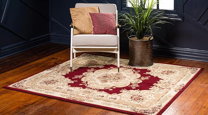Rugs.com Chateau Collection Rug – 4 Ft Square Red Medium-Pile Rug Perfect for Living Rooms, Kitchens, Entryways
