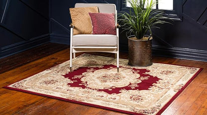 Rugs.com Chateau Collection Rug – 4 Ft Square Red Medium-Pile Rug Perfect for Living Rooms, Kitchens, Entryways