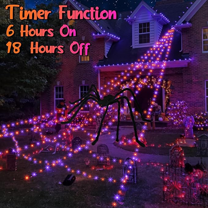Halloween Spider Web Lights Decoration 455 LED Spider Webs Halloween Decorations Outdoor 16.4 Ft Light Up Giant Spider Web with 8 Lighting Modes & Timer for Outdoor Halloween Decor (Purple & Orange)