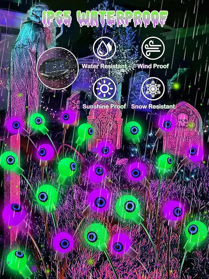 6 Pack Halloween Decorations Outdoor Solar Eyeball Lights, Purple and Green Scary Eyeball Swaying Firefly Lights with 2 Modes, Waterproof Halloween Pathway Lights for Yard Garden Lawn Party Decor