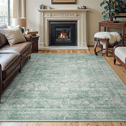 jinchan 8x10 Machine Washable Area Rugs for Living Room – Vintage Floral Soft Stain Resistant Low Pile Rug,Non Slip Ultra-Thin Carpet for Bedroom,Dining Room,Home Office,Nursery (8'x10',Green)