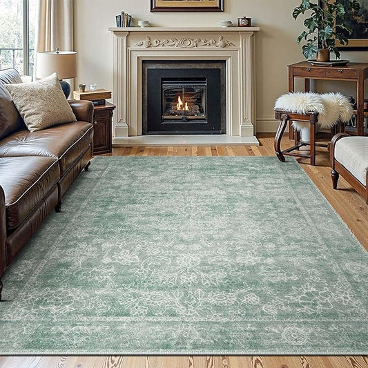 jinchan 8x10 Machine Washable Area Rugs for Living Room – Vintage Floral Soft Stain Resistant Low Pile Rug,Non Slip Ultra-Thin Carpet for Bedroom,Dining Room,Home Office,Nursery (8'x10',Green)