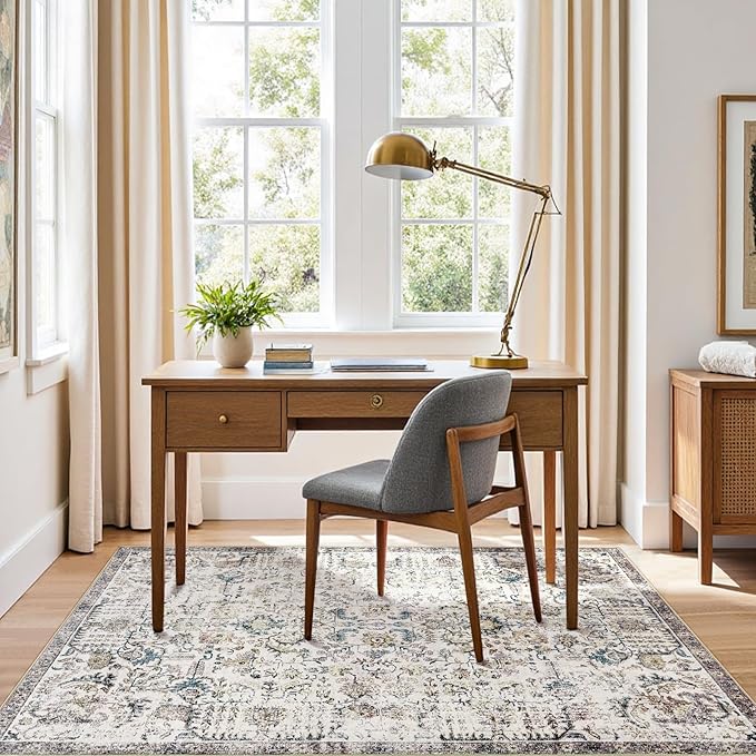 jinchan Area Rug 4x6 Washable Bedroom Rug Vintage Indoor Thin Floor Cover Retro Accent Mat Distressed Floral Country Boho Non Slip Carpet for Living Room Kitchen Dining Room Office Blue Multi
