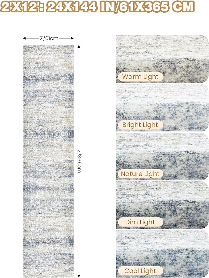 Long Hallway Runner Rug- Carpet Runners for Hallway 12ft, Anti Slip Backing Washable Rug Runner for Entrance, Living Room, Soft Low Pile Mordern Rug Runner(2'x12', Blue/Brown/Ivory)