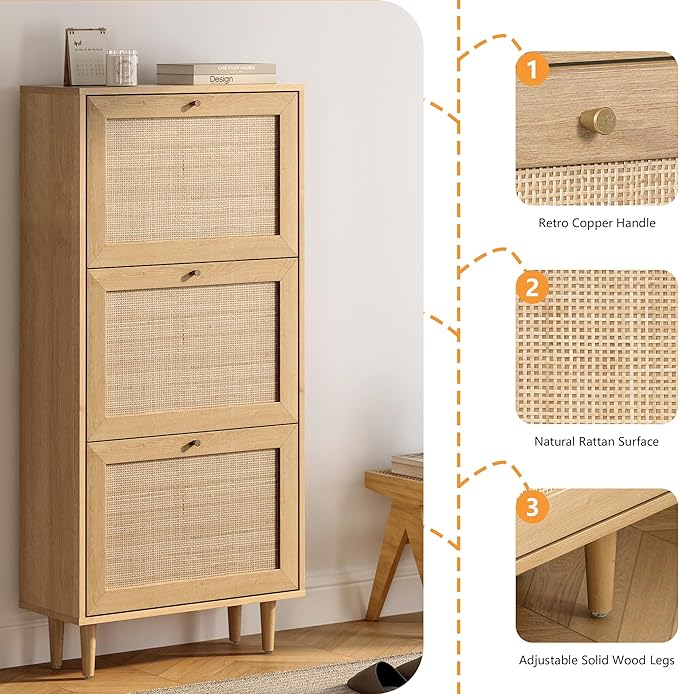 Narrow Shoe Cabinet with 3 Flip Drawers Set of 2 Hidden Freestanding Shoe Rack with Rattan Doors Wooden Shoe Storage Cabinet with Wood Legs for Entryway Slim Hallway Apartment, Natural Oak