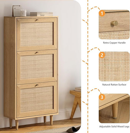 Narrow Shoe Cabinet with 3 Flip Drawers Set of 2 Hidden Freestanding Shoe Rack with Rattan Doors Wooden Shoe Storage Cabinet with Wood Legs for Entryway Slim Hallway Apartment, Natural Oak