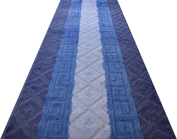 Custom Cut Hallway Runner Rug, Slip Resistant, 31 Inch Wide X Your Choice of Length, Meander Blue, 31 Inch X 21 feet