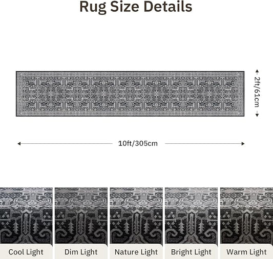 Hallway Washable Runner Rug 2x10 - Non Slip Vintage Kitchen Runner Rugs for Entryway Low-Pile Waterproof Long Runners for Living Room Bedroom Medallion Indoor Floor Mat for Bathroom Laundry Black