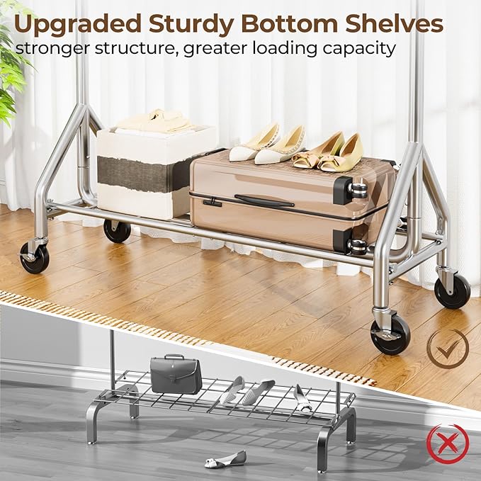 Heavy Duty Clothes Rack Load 450 LBS, Metal Garment Rack, Standing Rolling Clothing Rack for Hanging Clothes with Sturdy Wheels & Shelves, Portable Closet Wardrobe Rack,Sliver