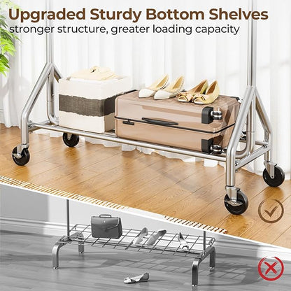 Heavy Duty Clothes Rack Load 450 LBS, Metal Garment Rack, Standing Rolling Clothing Rack for Hanging Clothes with Sturdy Wheels & Shelves, Portable Closet Wardrobe Rack,Sliver