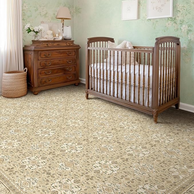 Warm Beige 9x12 Living Room Rug, Large Area Rug Washable Non Slip Low Pile Ultra Thin, Neutral Boho Floral Moroccan Pattern Printed Carpet Rug for Bedroom Dining Room